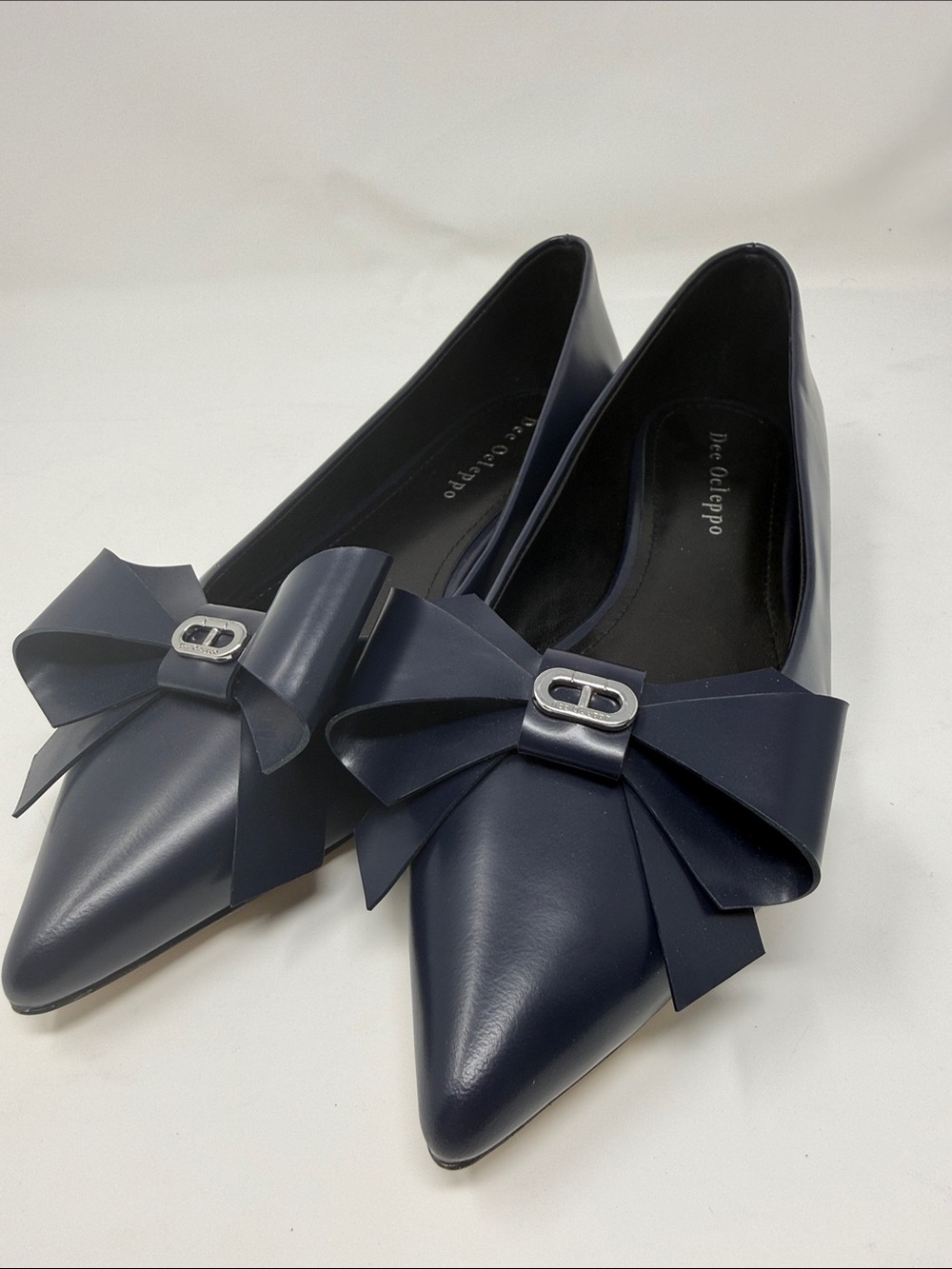 Pointed Bow-Embellished Navy Flats by Due Colleppo
